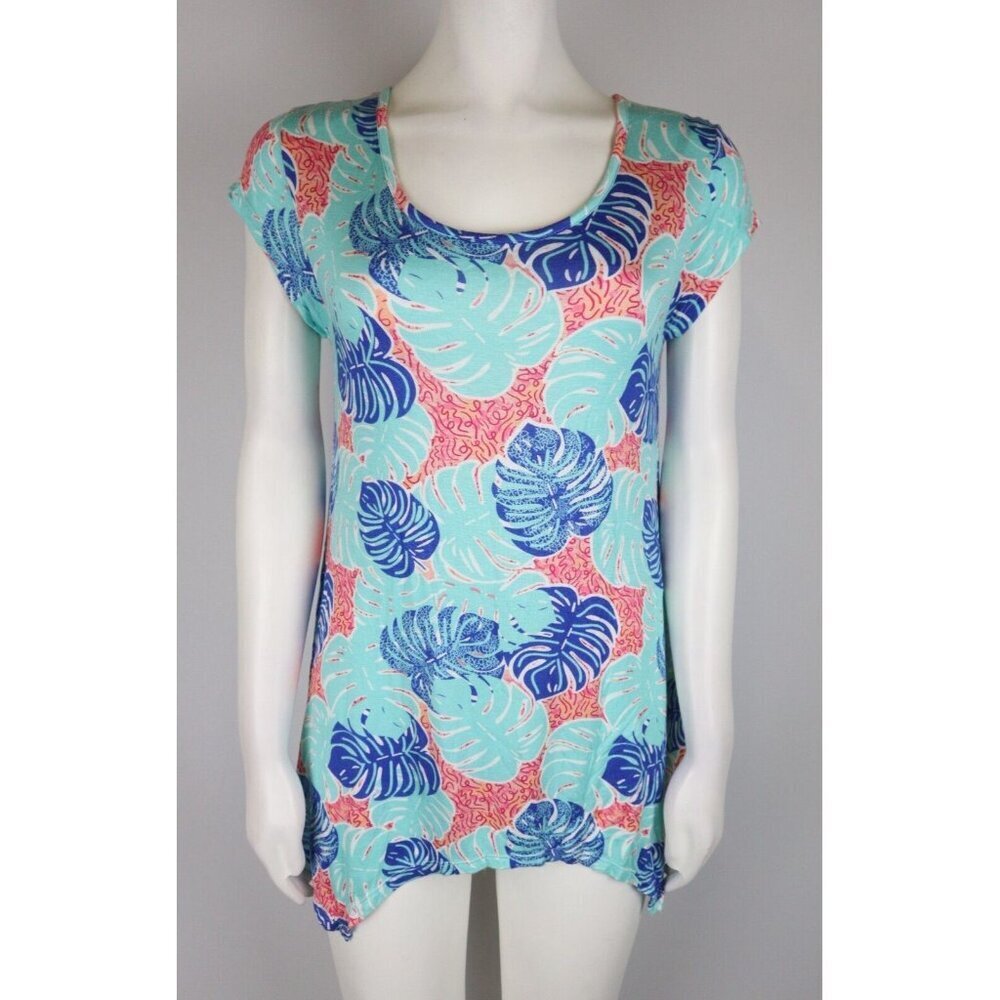 WOME'S LEAF PRINT SHORT SLEEVE TUNIC TOP - CASEY KEY - SIZE PM - STRETCH